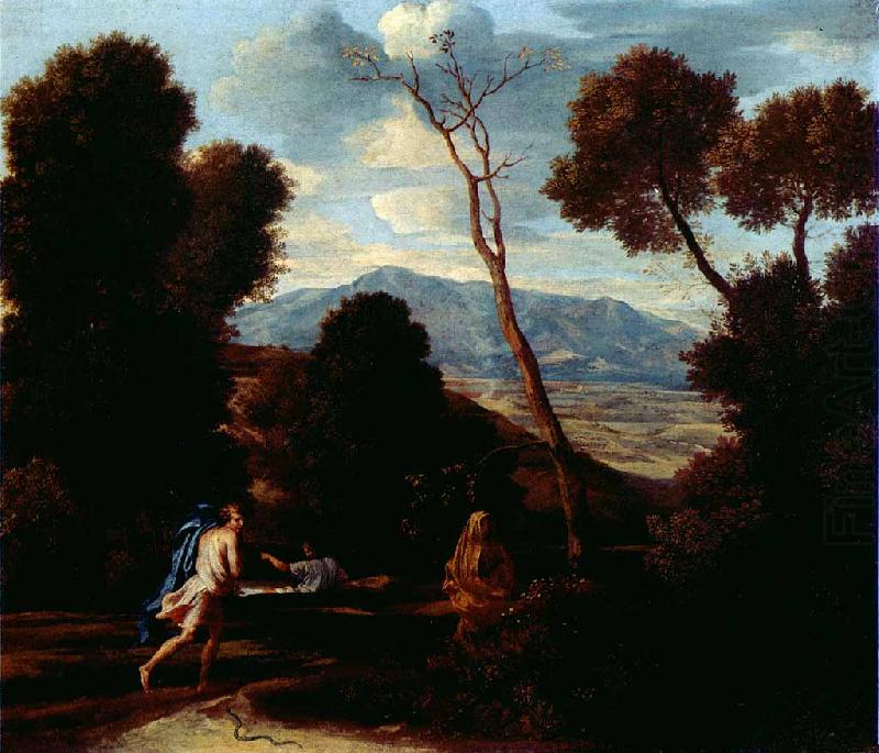 Paysage avec un homme effraye par un serpent, Nicolas Poussin